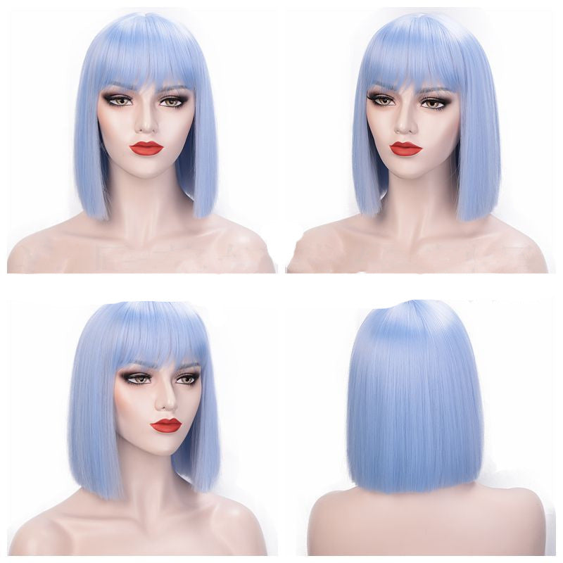 Full Lace Straight Hair Shoulder Length Short Bob Wigs For Women With Bangs - Ombre Gray 12Inches