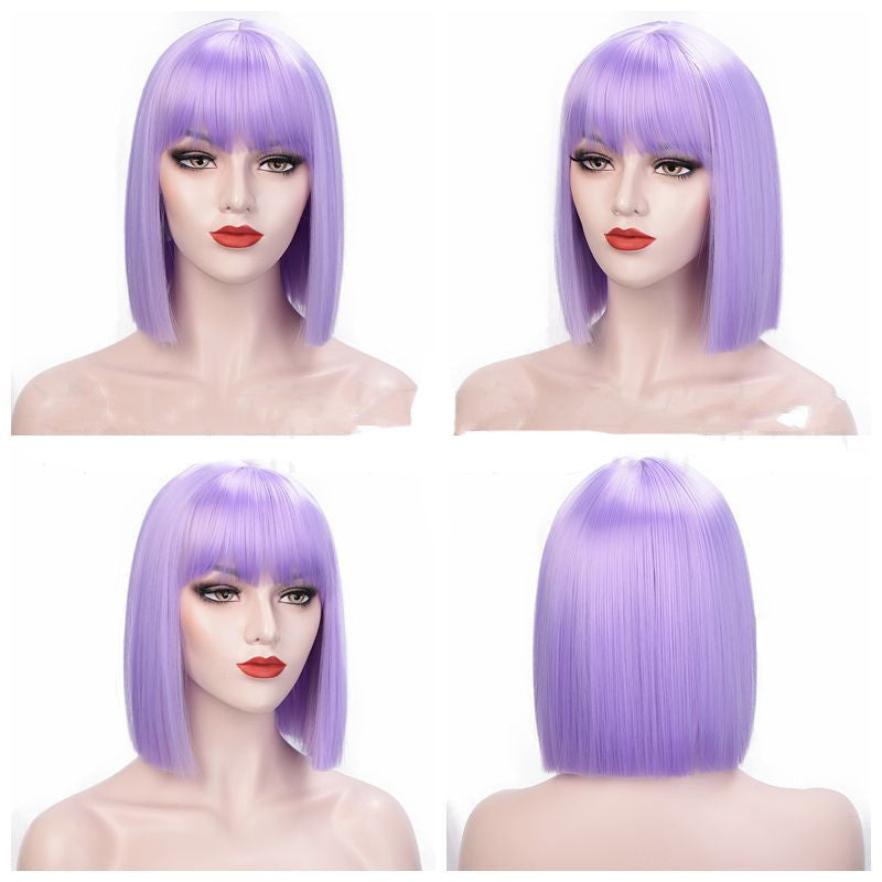 Full Lace Straight Hair Shoulder Length Short Bob Wigs For Women With Bangs - Ombre Gray 12Inches