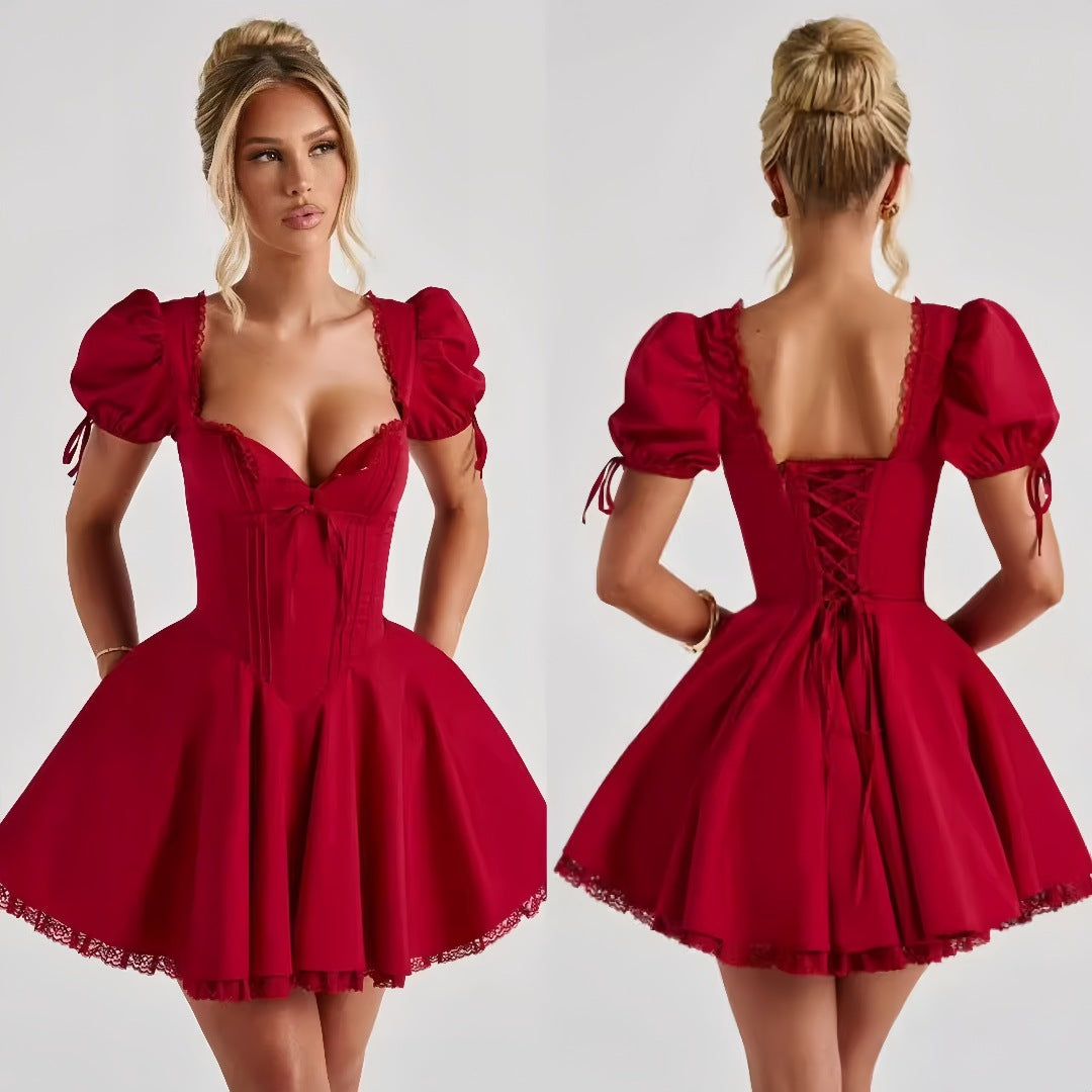 Women's Lace Puff Short Sleeve Dress
