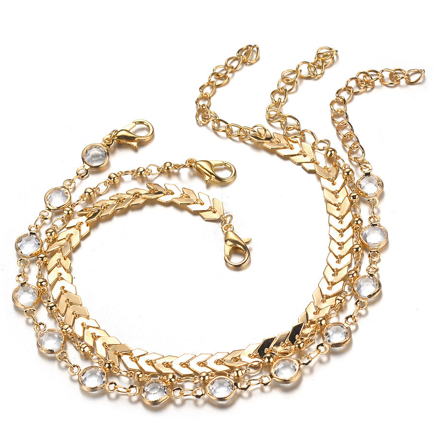 Popular Three-Layer Fish Bone Crystal Anklet