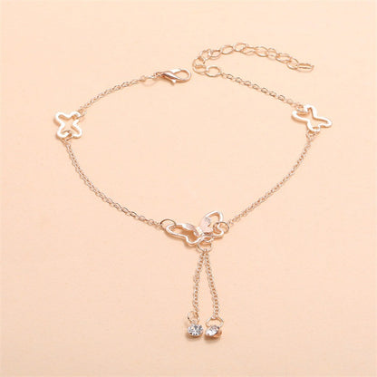 Temperament Butterfly Double Diamond Tassel Rose Gold Anklet